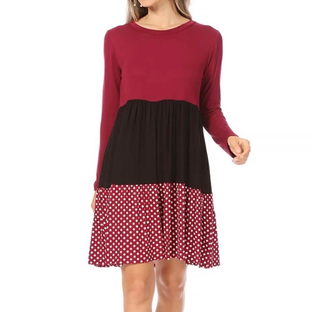 NEW! Boho Women's Babydoll Long Sleeve Ruffle Color Block Swing Dress Polka Dot